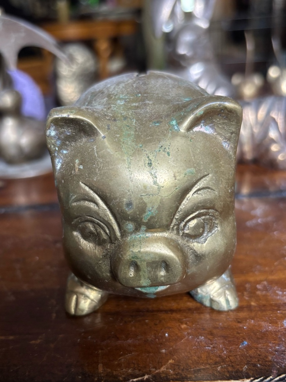 Vintage Brass Pig Figurine - Green Patina Accents
